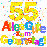 Geburtstags-GIF mit animierten bunten Sternen, der großen Zahl 55 und dem mehrfarbigen Text 'Alles Gute zum Geburtstag'.