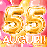Bouquet animato di palloncini multicolori che emergono da una scatola regalo, con il numero 55 e la scritta 'Tanti Auguri!' su uno sfondo pieno di coriandoli.
