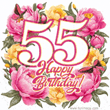 A celebratory GIF image features the animated number '55' and the words 'Happy Birthday!' surrounded by pink and yellow flowers. Two moving butterflies are included in this festive design.