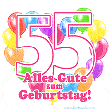 Ein verspieltes animiertes Geburtstags-GIF mit bunten Ballons in Herzform und der Zahl 55.