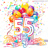 Ein lebendiges Geburtstags-GIF mit bunten Ballons, animiertem Konfetti, der Zahl 55 und den Worten 'Alles Gute zum Geburtstag' in dekorativer Schriftart.