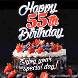 A birthday greeting card image. It features a chocolate cake with berries and the text 'Happy 55th Birthday. Enjoy your special day!'