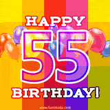 A birthday cake with lit candles is shown with colorful balloons and animated confetti.