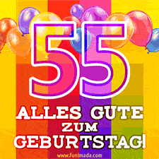 Große Zahl 35 in Umrissschrift, die Worte 'Alles Gute zum 55. Geburtstag', mehrfarbige animierte Ballons und lebendiger Hintergrund.