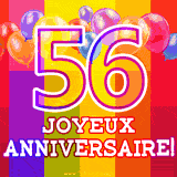 GIF animé 56 ans avec des ballons colorés, un grand chiffre 56 et 'Joyeux Anniversaire!' sur un fond éclatant.