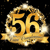 Il numero 56 è circondato da un anello dorato brillante, accompagnato da un nastro elegante con la scritta 'Buon Compleanno!' su uno sfondo scuro.