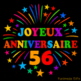 GIF animé 'Joyeux Anniversaire 56' avec des lettres colorées et des feux d'artifice éclatants