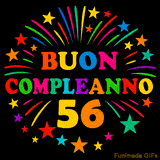 GIF animata 'Buon Compleanno 56' con lettere colorate e fuochi d'artificio