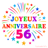 GIF animé joyeux anniversaire 56 ans avec étoiles multicolores et feu d’artifice