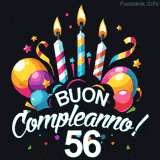 Augura buon compleanno ai 56 anni con questa GIF colorata e festosa: palloncini, stelle e candele per un augurio digitale indimenticabile