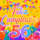 Un GIF animado para un 56º cumpleaños, Muestra el texto 'Feliz Cumpleaños 56' sobre un fondo amarillo vibrante con globos de colores, banderines y una lluvia de confeti.