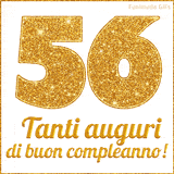 GIF animata per un 56° compleanno, Mostra il numero 56 in grandi caratteri dorati pieni di glitter scintillante, Sotto, la scritta 'Tanti auguri di buon compleanno!' in un elegante oro.