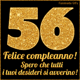 Un GIF animato per un 56° compleanno, Presenta il testo 'Buon Compleanno 56' su uno sfondo giallo vivo con palloncini colorati, festoni e una pioggia di coriandoli.