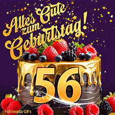 Eine köstlich aussehende animierte Geburtstagskarte für den 56. Geburtstag, dekoriert mit Erdbeeren, Blaubeeren und goldenen Details, Sterne funkeln und fallen, mit 'Alles Gute zum Geburtstag!'-Text.