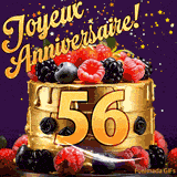 Une animation de célébration d'un gâteau de 56ème anniversaire, Des étoiles dorées tombent du ciel, mettant en valeur le texte 'Joyeux Anniversaire !' et le nombre doré 56 à l'avant du gâteau.