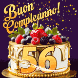 Un GIF animato di una bellissima torta per il 56° compleanno con glassa dorata e frutti di bosco freschi, Il numero dorato 56 è davanti, e stelle cadono su uno sfondo viola scuro.