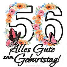 Ein florales GIF zum 56. Geburtstag. Die Zahl '56' ist von animierten Blumen und Schmetterlingen umgeben und bietet eine schöne und fröhliche Art, den Meilenstein zu feiern.