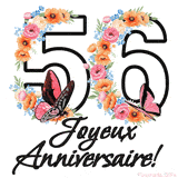Ce GIF de Joyeux 56ème Anniversaire présente le nombre vingt rempli d'un bouquet vibrant de fleurs animées, avec des papillons qui bougent doucement sur un fond blanc.