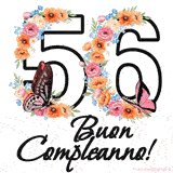 Questo GIF di Buon 56° Compleanno mostra il numero venti riempito con un vibrante bouquet di fiori animati, con farfalle che si muovono dolcemente su uno sfondo bianco.