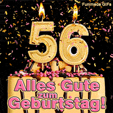 Ein Geburtstagskuchen mit Schokoguss und einer brennenden goldenen 56. Buntes Konfetti wirbelt herab. Aufschrift im Bild: Alles Gute zum Geburtstag! Edel.