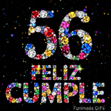 Múltiples joyas de colores estructuran la cifra 56 y la frase FELIZ CUMPLE, que resaltan visiblemente contra un fondo negro con estrellas.