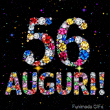 Immagine animata che mostra il numero 56 e Auguri in cristalli multicolori brillanti, circondati da piccole luci su uno sfondo scuro.