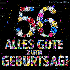 Die leuchtende Zahl 56 und der Schriftzug Alles Gute zum Geburtstag aus farbigen Juwelen vor einem schwarzen Hintergrund mit kleinen Sternchen.
