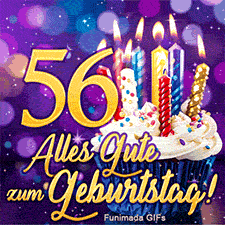 Die Ziffer 56 in Gold und ein Cupcake in blauer Form mit Kerzen. Der Schriftzug 'Alles Gute zum Geburtstag!' rundet das lila Bild ab.