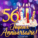 Image animée Joyeux Anniversaire 56 ans montrant le nombre 56 en or à côté d'un gâteau aux bougies étincelantes.