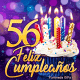 Imagen animada de Feliz Cumpleaños 56 años mostrando el número 56 en oro junto a una tarta con velas encendidas.