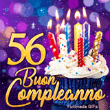 Immagine animata di Buon Compleanno 56 anni mostrante il numero 56 in oro accanto a una torta con candele accese.
