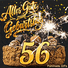 Vor schwarzer Kulisse präsentiert sich ein Kuchen mit der 56. Die brennende Wunderkerze und das goldene Sternenkonfetti sorgen für Festlichkeit.