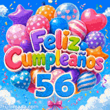 Imagen animada de Feliz Cumpleaños 56 años mostrando el número 56 azul junto a globos de fiesta y confeti en el aire.