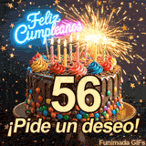 Lluvia de estrellas doradas sobre una torta que lleva el dígito 56. Arriba, una fuente de chispas ilumina las alegres letras de Feliz Cumpleaños.