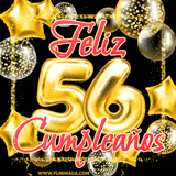 Animación de un GIF con el número 56 en dorado, rodeado de estrellas, burbujas brillantes y la frase 'Feliz cumpleaños' en letras modernas y festivas.