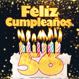 GIF animado de un pastel decorado con velas de colores, con el número 56 resaltado y un fondo brillante que transmite celebración.