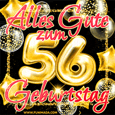 Glänzende goldene Ballons und ein quadratischer Glitzerrahmen: Animiertes GIF zum 56. Geburtstag mit der großen goldenen Zahl 56