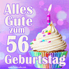 Ein lebendiges Geburtstags-GIF mit einem dekorierten Cupcake, einer Kerze und der Zahl 56 auf einem bunten Hintergrund.