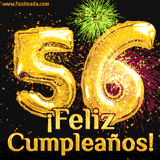 GIF animado con globos dorados en forma del número 56, acompañado de fuegos artificiales de colores y la frase '¡Feliz cumpleaños!' en letras vibrantes.