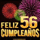 GIF animado con el número 56 en dorado, rodeado de fuegos artificiales rojos, verdes y morados, con el mensaje 'Feliz cumpleaños' en letras doradas.