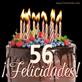 Feliz 56 cumpleaños pastel de chocolate. Imagen (GIF) con pastel y saludo.
