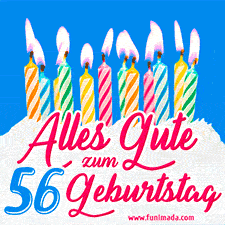 Ein buntes Geburtstags-GIF mit strahlenden Kerzen auf einer festlichen Torte zur Feier des 56.