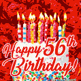 Red roses, birthday cake and lit candles. Beautiful 56th Birthday animation.