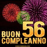 Animazione di fuochi d'artificio colorati con il numero 56 in oro brillante e la scritta 'Buon Compleanno' su uno sfondo nero festivo ed elegante.