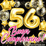 Animazione con palloncini dorati a forma del numero 56, circondati da decorazioni scintillanti e la scritta 'Buon Compleanno!' in caratteri rosa accattivanti.