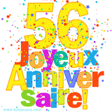 GIF animé pour un 56e anniversaire avec le chiffre 56 en couleurs vives, le texte 'Joyeux Anniversaire!' et une explosion de confettis multicolores.