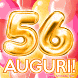 Bouquet animato di palloncini multicolori che emergono da una scatola regalo, con il numero 56 e la scritta 'Tanti Auguri!' su uno sfondo pieno di coriandoli.