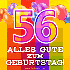Große Zahl 35 in Umrissschrift, die Worte 'Alles Gute zum 56. Geburtstag', mehrfarbige animierte Ballons und lebendiger Hintergrund.