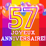 GIF animé 57 ans avec des ballons colorés, un grand chiffre 57 et 'Joyeux Anniversaire!' sur un fond éclatant.