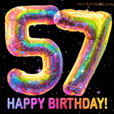 Shiny number 57 birthday celebration balloons with an iridescent glow and glitter on a black background with twinkling stars.